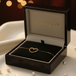 Gems & Jewells branded wooden jewelry box containing a gold heart bracelet.