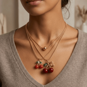 A beautiful Pakistani actress styling a dual strand gold snake chain necklace featuring a red cherry pendant and a gold ball bead.