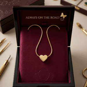 A premium minimalist gold heart pendant necklace displayed on a maroon velvet cushion inside a luxury wooden gift box.