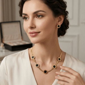A beautiful Pakistani actress styling a vintage gold plated flat herringbone chain necklace decorated with multiple round black enamel disc charms