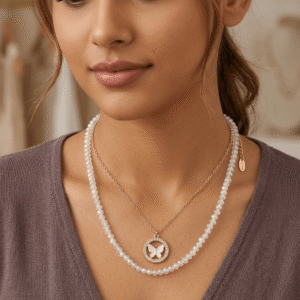 A luxury gold plated multi strand necklace made of faceted white crystal beads holding a round butterfly pendant.