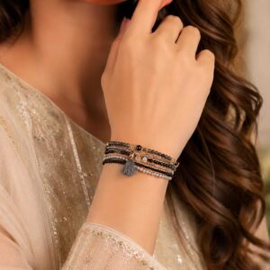 Elegant multi layer beaded tassel bracelet for women with black and silver beads