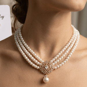 A beautiful double layer white pearl choker necklace with a gold rhinestone pendant and matching stud earrings