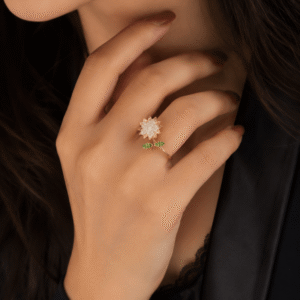 Elegant sunflower crystal adjustable ring for women with green leaf detailing