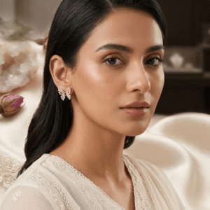 Female model wearing Rose Gold Pave Crystal Butterfly Studs with Ruby Center.