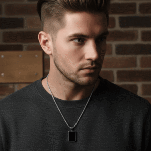 Male model wearing Men's Square Black Onyx Stone Pendant Necklace.