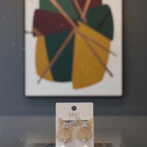 Gold Mesh Butterfly Stud Earrings with Teardrop Pearl displayed on an MMJ card.