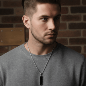 Male model wearing Silver Black Onyx Bar Capsule Pendant Necklace.