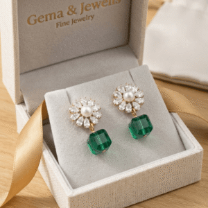 Gold Crystal Flower Pearl Studs with Emerald Green Cube Earrings inside a Gems and Jewells box.