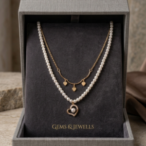 Gold layered pearl heart necklace with heart charms for women