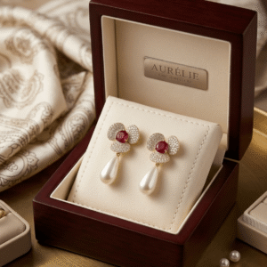 Gold Ruby Flower Crystal Earrings displayed inside a luxury Aurélie wooden jewelry box.