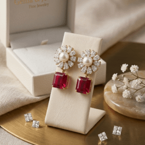 Gold Ruby Red Square Drop Earrings displayed on a cream stand next to a Gems and Jewells box.