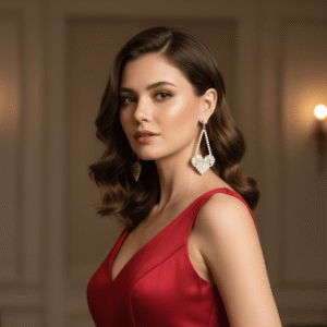 A model wearing premium white pearl heart earrings with a gold geometric frame design against a warm lit background.
