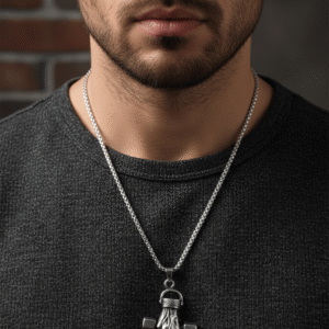 Male model wearing Silver Gym Dumbbell Fist Pendant Necklace.