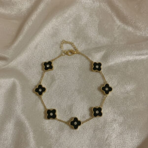 Black Flower Pearl Chain Bracelet for women with black flower charms and white pearl centerpiece