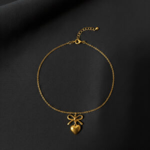 Gold plated bow heart charm bracelet for women with adjustable chain