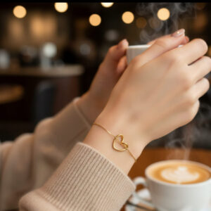 Woman wearing a gold open heart bracelet with delicate chain design
