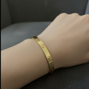 A premium gold screw bangle bracelet with engraved screw motifs displayed on a woman's wrist against a soft grey background.