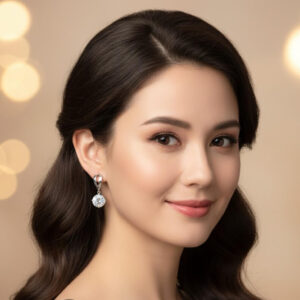 A model wearing premium silver round crystal earrings with a loop post design and a large solitaire crystal drop charm.