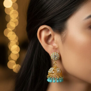 A model wearing premium gold pearl jhumka earrings with clear crystals and sky blue hanging beads against a blurry golden bokeh light background.