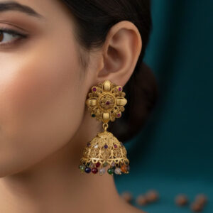 A model wearing premium antique gold jhumka earrings with multi-color beads on her ear against a dark teal background.