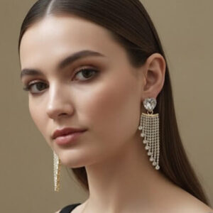 Crystal Heart Rhinestone Fringe Drop Earrings worn by a female model.