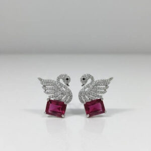 Majestic Swan Stud Earrings with Emerald-Cut Ruby Pink Stone detailed with miniature white crystals.