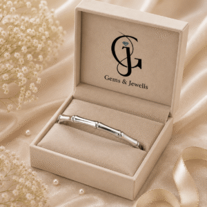Silver bamboo bangle displayed in a luxury jewelry gift box.