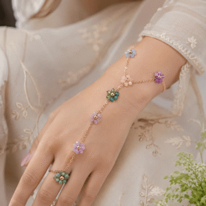 Silver floral hand chain with flower charms.