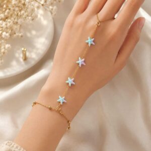 Silver star hand chain with pastel star charms.