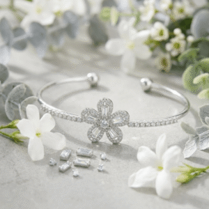 Elegant silver flower cuff bracelet with sparkling crystal floral centerpiece for women.