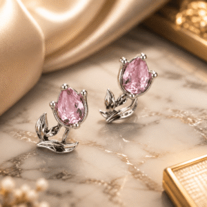 Elegant silver tulip stud earrings with sparkling pink crystal stones.