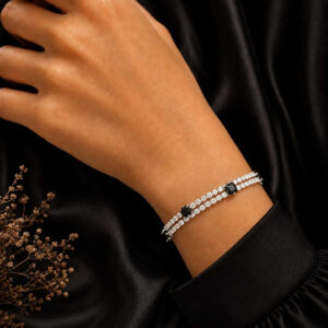 Silver black stone double row bracelet with clear sparkling stones