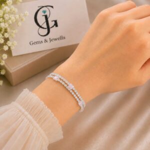 Silver pink stone double row bracelet with sparkling clear stones