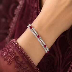 Silver red stone tennis bracelet with sparkling double-row design