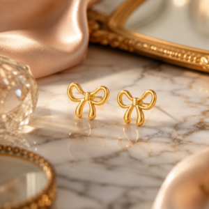 Elegant gold bow stud earrings for women with a minimalist luxury design.