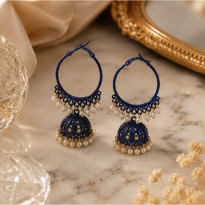 Royal blue jhumka earrings with pearl accents for women.