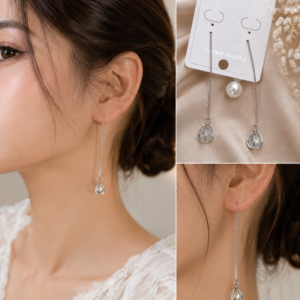 Elegant silver threader earrings featuring a teardrop crystal pendant for women.